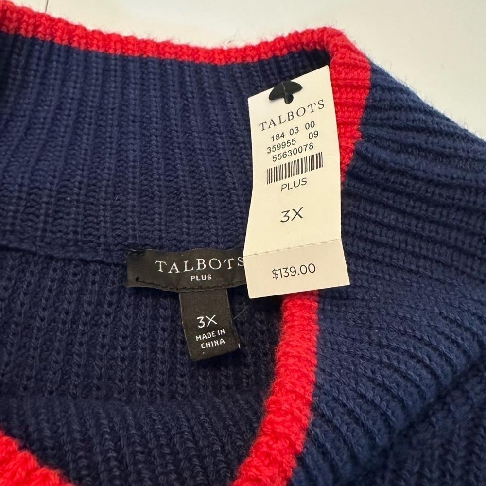 Talbots Mock Neck Mixed Media Navy Red White Sweater NWT - 3X - Picture 3 of 7